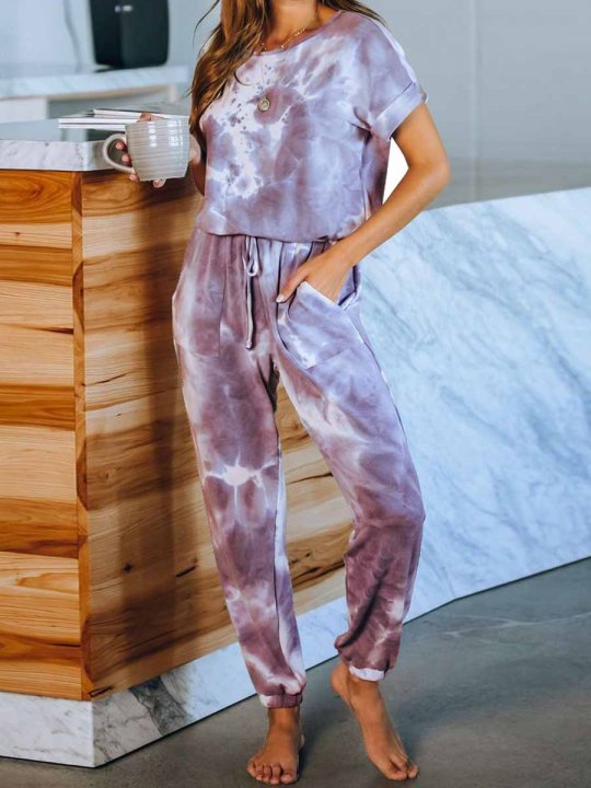 Pocketed Tie Dye Knit Jumpsuit