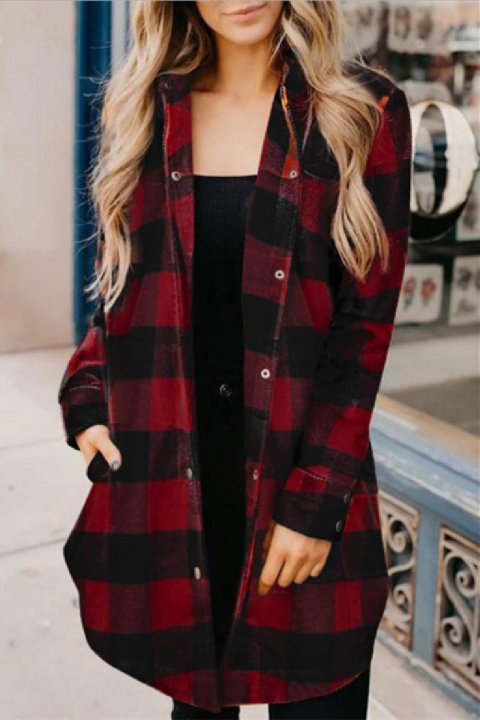 Buttons Up Plaid Print Long Coat