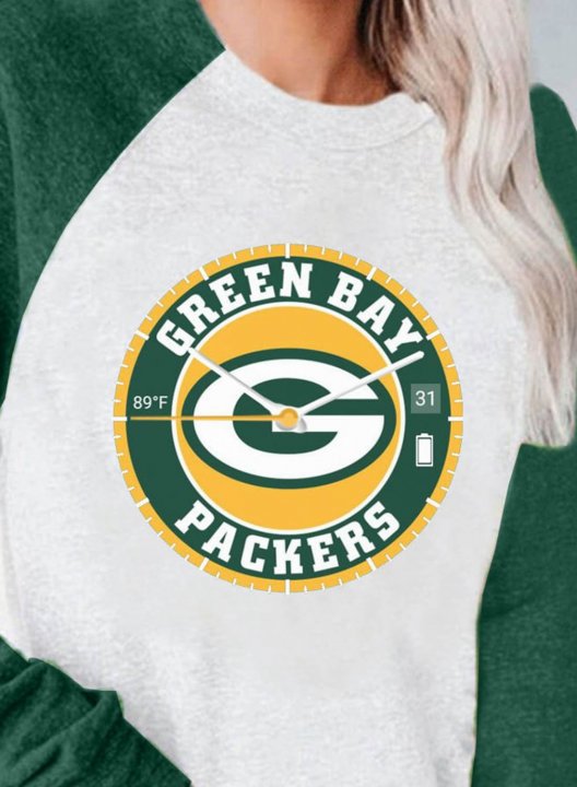 Women's Green Bay Packers Sweatshirt Casual Color Block Letter Round Neck Long Sleeve Daily T-Shirt