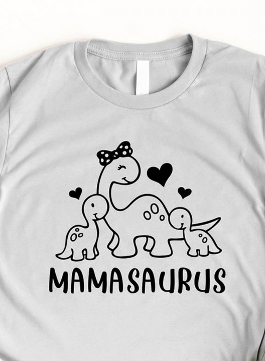 Women's T-shirts Casual Letter Mama Saurus Print Solid Round Neck Short Sleeve Daily T-shirts