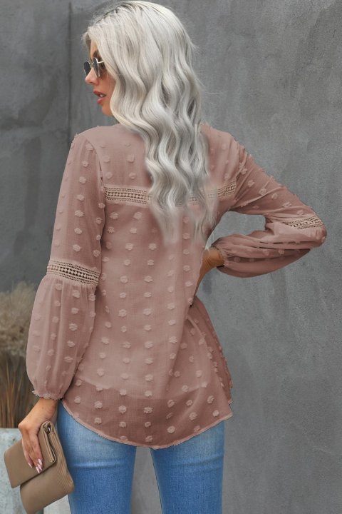 Ruffled Split Neck Lace Hollow Out Puff Sleeve Polka Dot Blouse