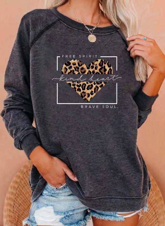 Women's Sweatshirt Heart-shaped Solid Leopard Round Neck Long Sleeve Casual Pullovers