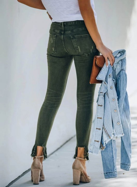 Women's Jeans Slim Solid Mid Waist Daily Cropped Casual Pocket Ripped Jeans