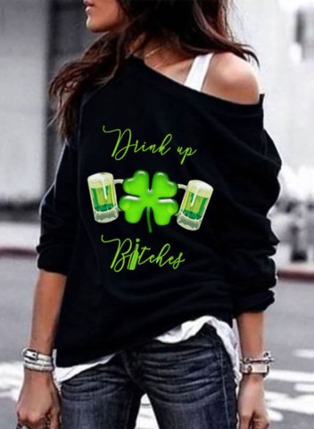 Women's T-shirts Clover Letter Print Long Sleeve Cold Shoulder Daily T-shirt