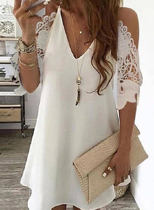 Women's Mini Dress Solid Mesh Lace A-line V Neck Half Sleeve Daily Casual Mini Dress