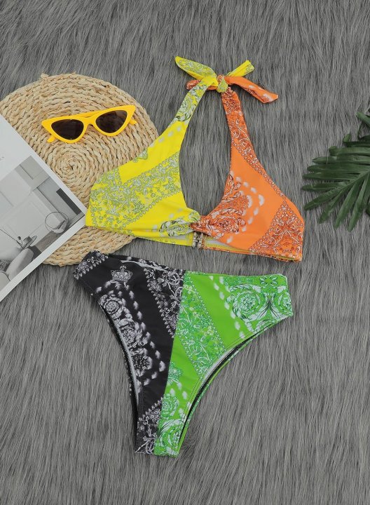 Women's Bikinis Tribal Multicolor Striped High Waist Sleeveless Halter Padded Adjustable Wire-free Beach Boho Bikini Suit