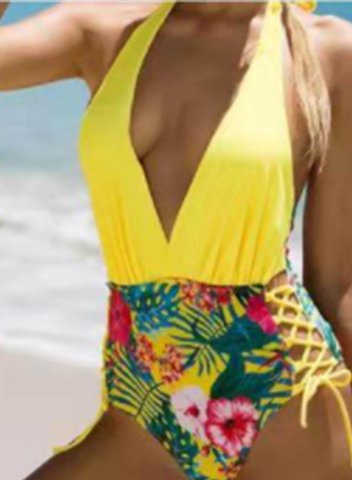 Women's One Piece Swimwear Tropical Color Block V Neck Knot Vacation Basic One-Piece Swimsuits One-Piece Bathing Suits