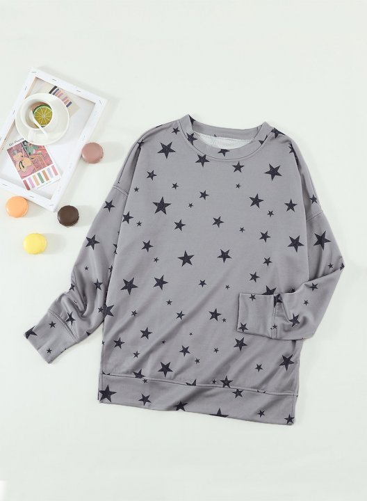 Women Star Print Long Sleeve Round Neck Tunics