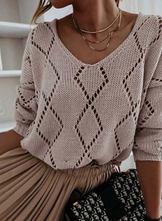 Women's Sweaters Knitted Hollow Long Sleeve V Neck Solid Cut-out Sweater