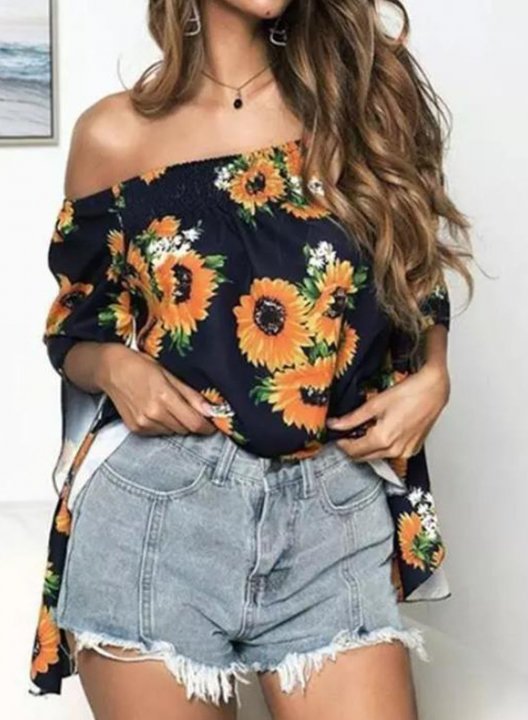 Women's Blouses Sunflower Ruffle Off Shoulder Blouse