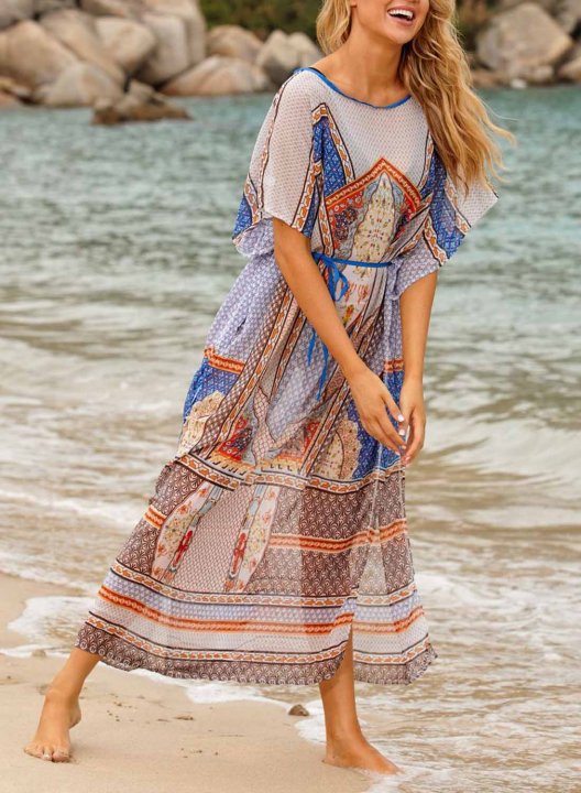 Women's Maxi Dress Geometric Color Block Round Neck Shift Belt Short Sleeve Summer Beach Maxi Dress