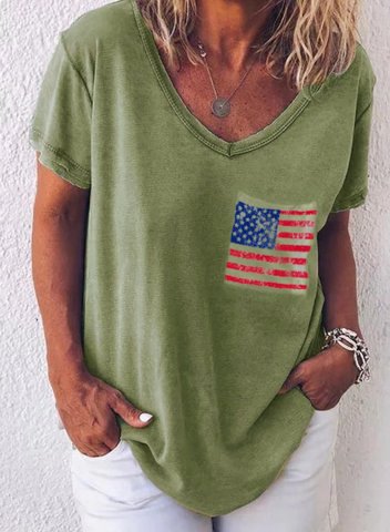 Women's T-shirts American Flag Print Short Sleeve V Neck Daily T-shirt