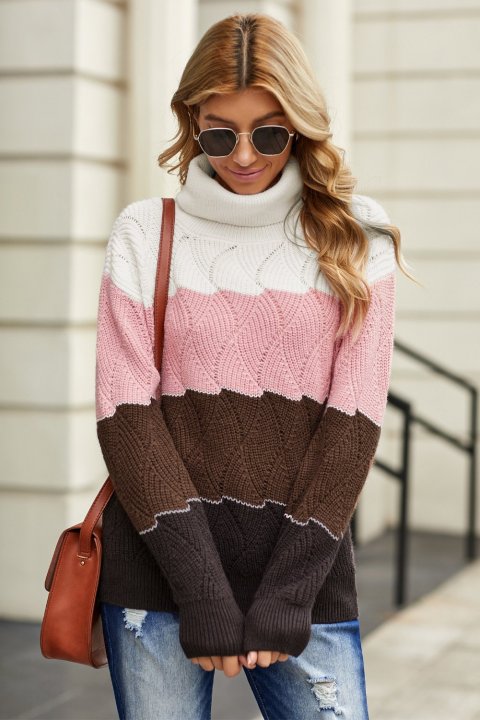 Women's Sweaters Turtle Neck Color Block Fluffy Twist Sweaters