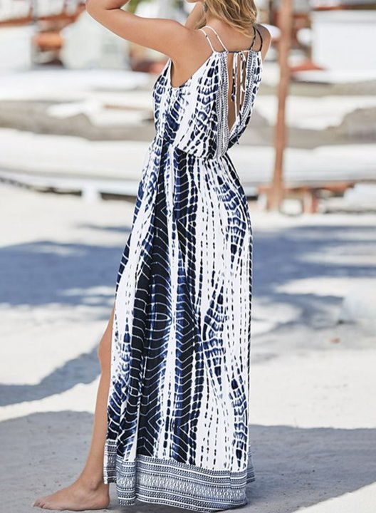 Women's Maxi Dresses Striped Sleeveless Fit & Flare V Neck Vacation Beach Split Maxi Dress