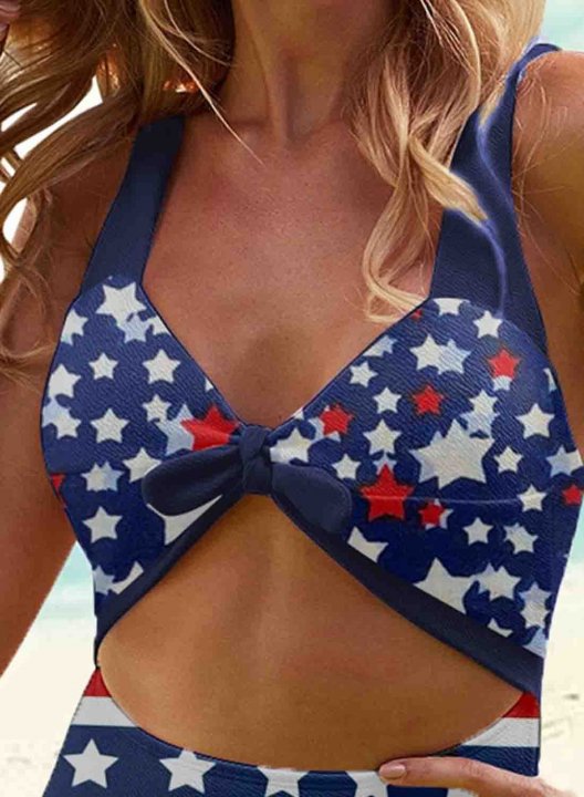 Women's One Piece Swimwear American Flag 4th Of July Star V Neck One-Piece Swimsuit