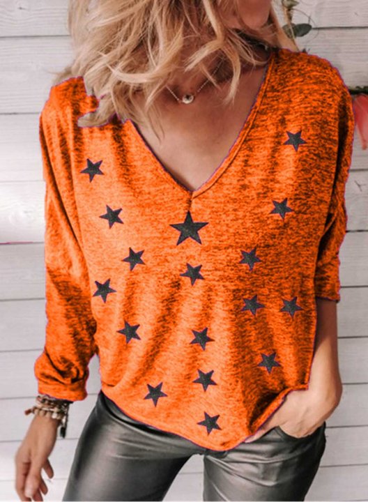 Women's T-shirts Star Print Long Sleeve V Neck Daily T-shirt