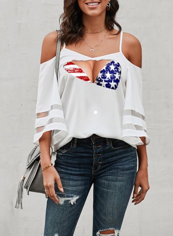 Women's American Flag T-Shirt Multicolor 3/4 Sleeve Spaghetti Casual Cold Shoulder Shirt