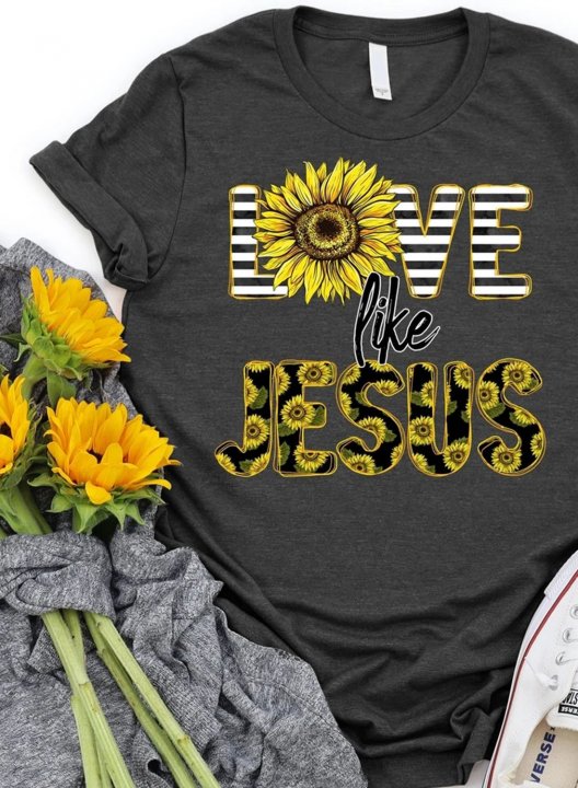 Women's T-shirts Sunflower Letter Print Short Sleeve Round Neck Daily T-shirt