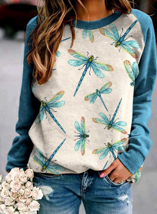 Women's Sweatshirts Dragonfly Print Color Block Long Sleeve Round Neck Daily Sweatshirt