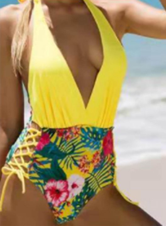 Women's One Piece Swimwear Tropical Color Block V Neck Knot Vacation Basic One-Piece Swimsuits One-Piece Bathing Suits