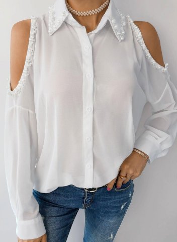 Women's Shirts Solid Long Sleeve Turn Down Collar Cold Shoulder Daily Casual Shirt