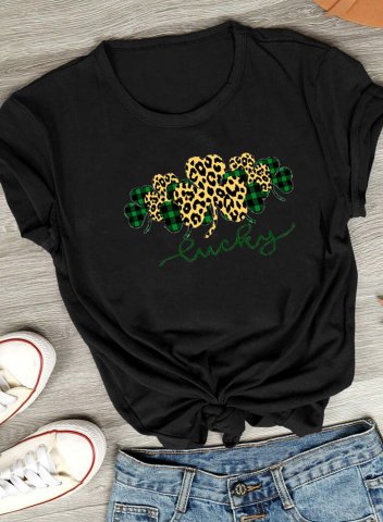 Women's T-shirts Solid Leopard Plaid Plant Letter Round Neck Short Sleeve Daily Casual T-shirts