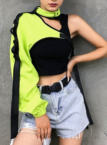 Women's Punk Style Jacket Solid High Neck Cold Shoulder Asymmetric One Sleeve Cropped Long Sleeve Casual Daily Pullovers