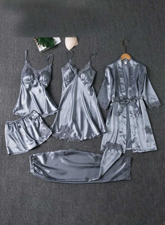 Women's Loungewear Sets Solid Floral Lace 4-Piece Loungewear Set