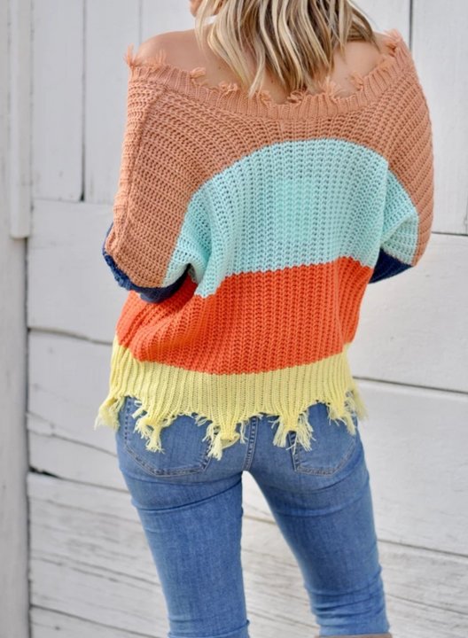 Women's Sweaters Casual Striped Distressed Sweaters