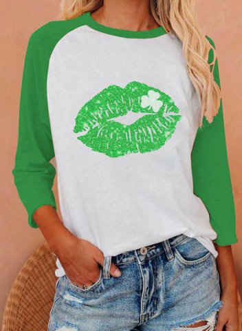 Women's Lips Print St Patrick's Day Shirt Green Color Block Long Sleeve Round Neck Daily T-shirt