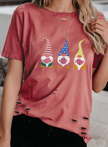 Women's T-shirts Color Block Festival Print Short Sleeve Round Neck Daily Cut-out T-shirt