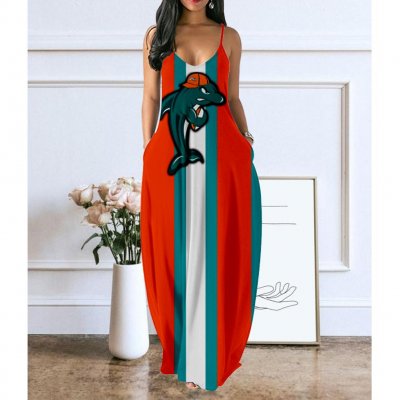 Women's Miami Dolphins Team Print Sling Pocket Sleeveless Loose Holiday Style Long Dress