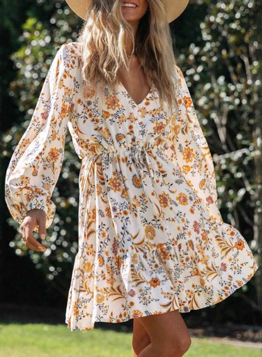 Women's Mini Dresses Fashion Floral Long Sleeve V Neck Flare Boho Beach Vintage Dress