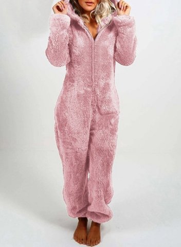 Women's Cute Bear Ears Hooded Cozy Pajama Jumpsuits Solid Thick Wool Zip Fuzzy One Piece Onsies Sleepwear