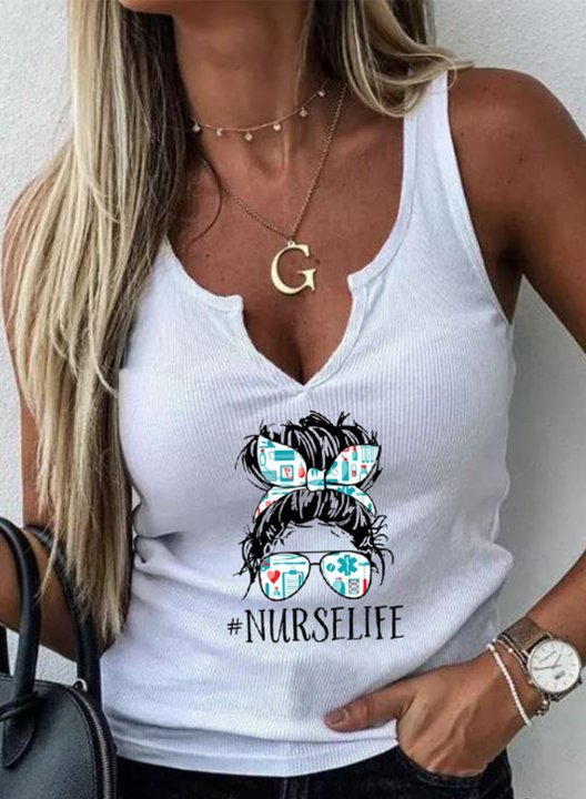 Women's Tank Tops Letter Color Block Portrait Sleeveless V Neck Casual Tank Tops