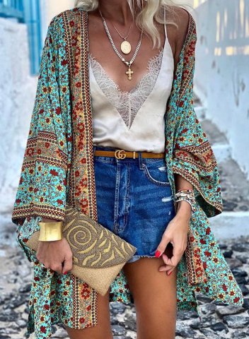 Women's Cover-ups Floral V Neck Long Sleeve Open Front Boho Vacation Beach Cover-ups