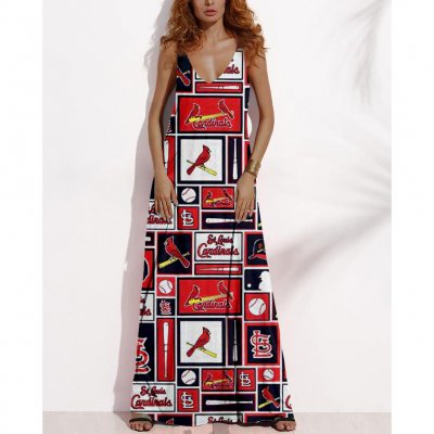 Women's Summer ST. LOUIS CARDINALS Fan Print V-neck Sleeveless Loose Long A-line Dress