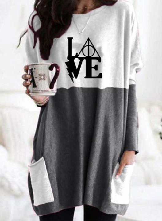 Women's Mini Dresses Pocket Letter Color Block Long Sleeve Round Neck Shift Daily Casual Mini Dress