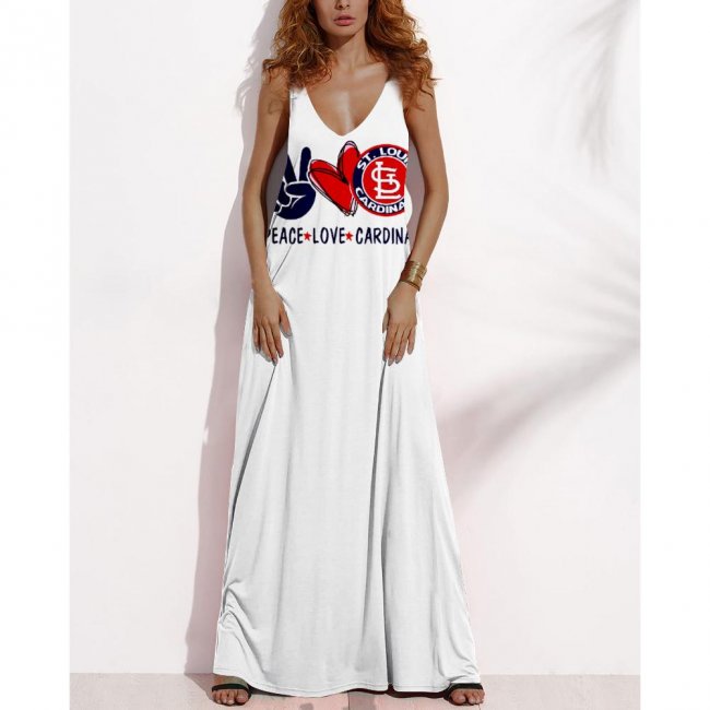 Women's Summer ST. LOUIS CARDINALS Fan Print V-neck Sleeveless Loose Long A-line Dress