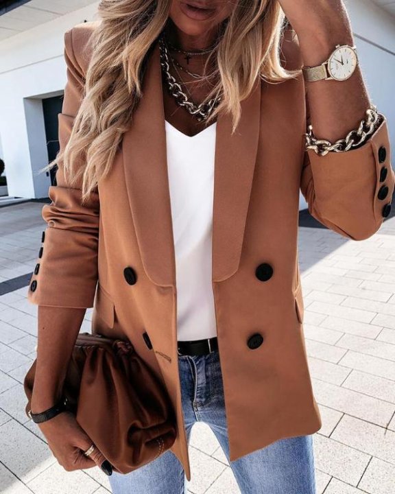 Women's Casual Long Sleeve Lapel Double Breasted Work Office Blazer Jacket