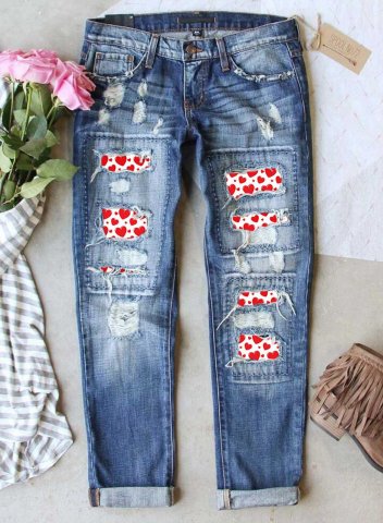 Women's Heart Patch Ripped Jeans High Waist Slim Holidays Jeans