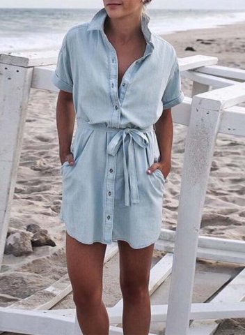 Women's Mini Dress Solid Shift Turn Down Collar Half Sleeve Belt Daily Vacation Casual Mini Dress