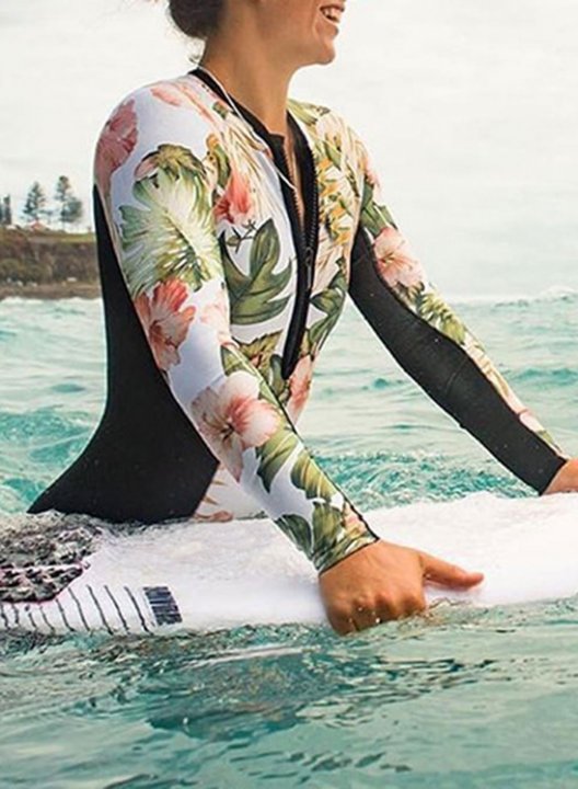 Women's Surfing Suits Floral Padded Long Sleeve Unadjustable Casual Zip One-piece Surfing Suit