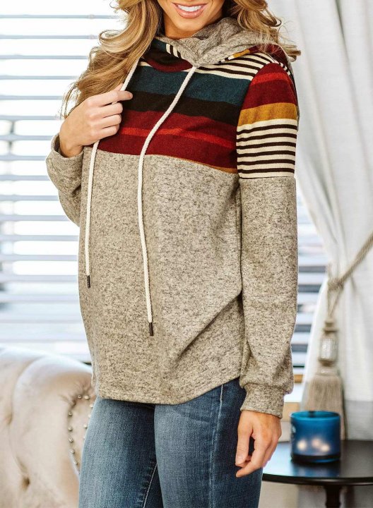 Color Block Striped Long Sleeve Drawstring Hoodie