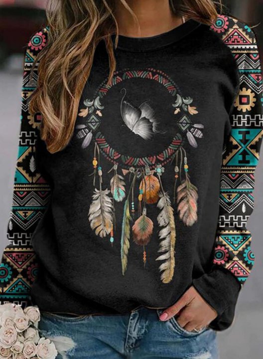 Women's Sweatshirts Geometric Tribal Multicolor Long Sleeve Round Neck Sweatshirt