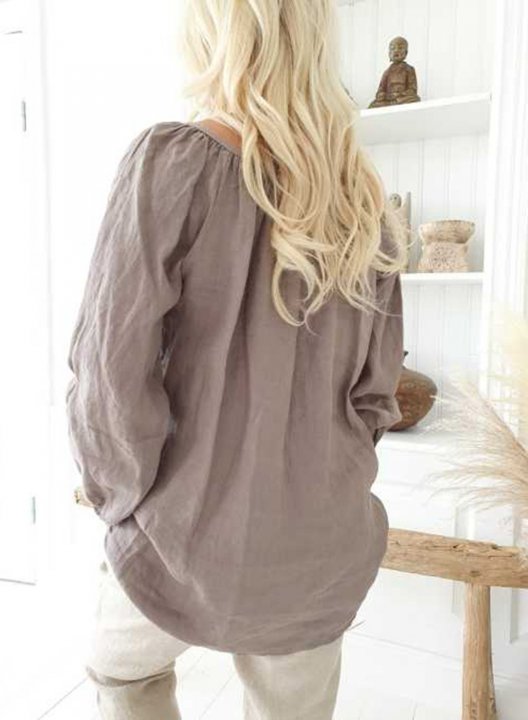 Women's Blouses Solid 3/4 Sleeve Round Neck Daily Drawstring Blouse