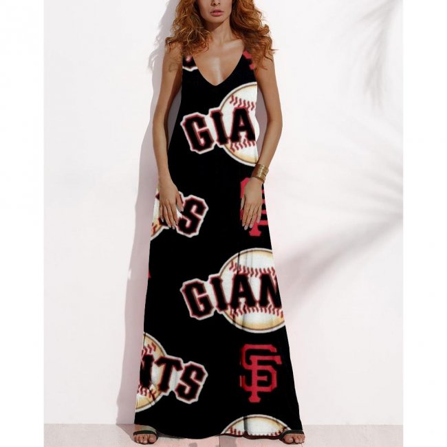 Women's Summer SAN FRANCISCO GIANTS Fan Print V-neck Sleeveless Loose Long A-line Dress