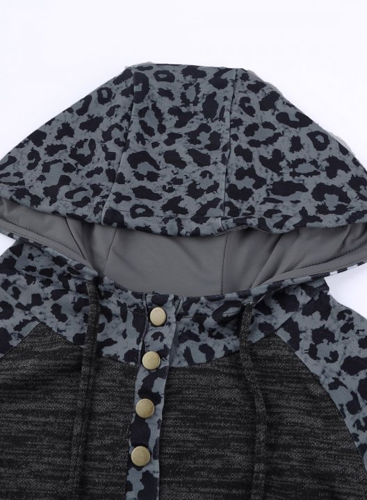 Color Block Leopard Long Sleeves Hoodie