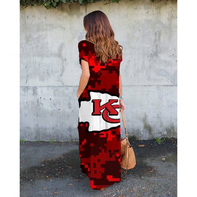 V-neck Kansas City Chiefs Print Short Sleeve Loose Long Dress