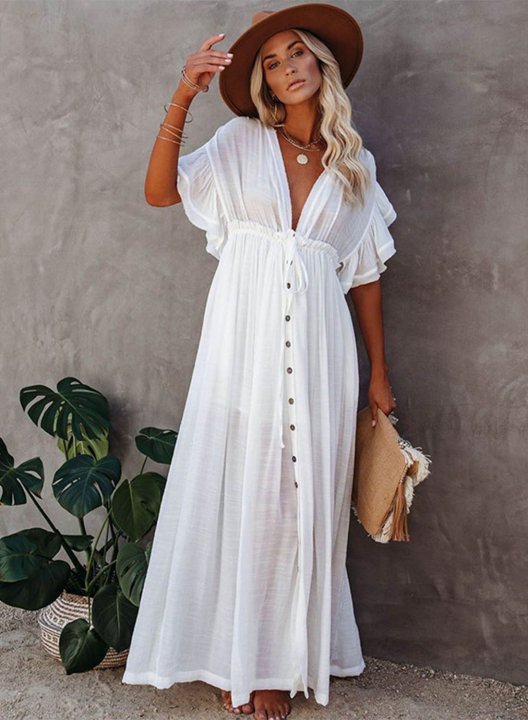 Women's Maxi Dresses Solid Short Sleeve Button V Neck Boho Beach Maxi Dress